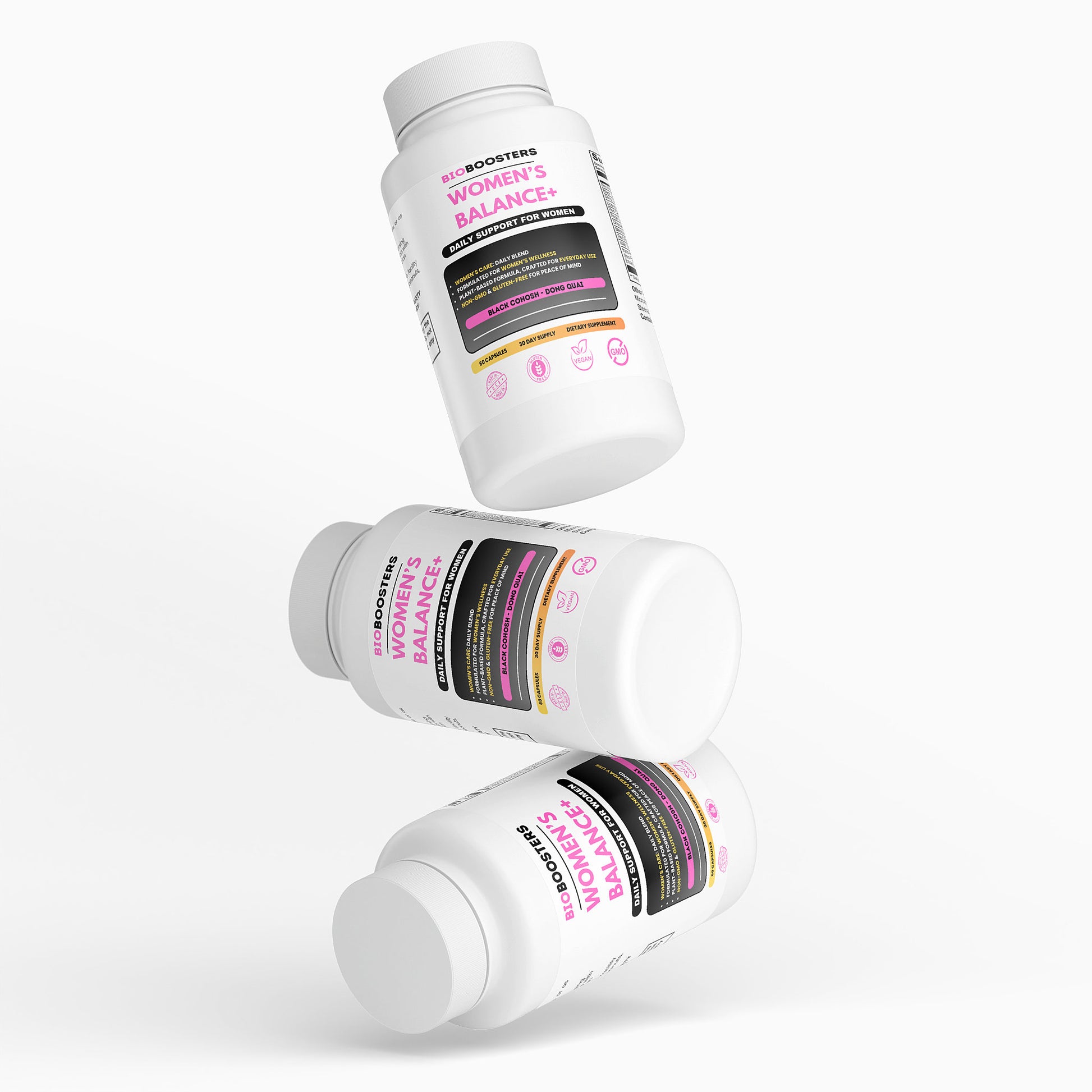 Three bottles of Women's Balance supplement on a white background