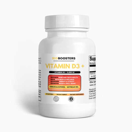 Supplement bottle labeled 'Vitamin D3+' by BioBoosters on a white background