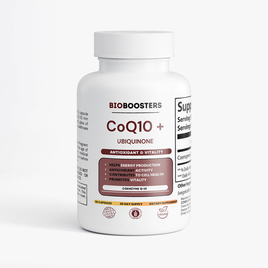 Bioboosters CoQ10+ Ubiquinone supplement bottle on a white background