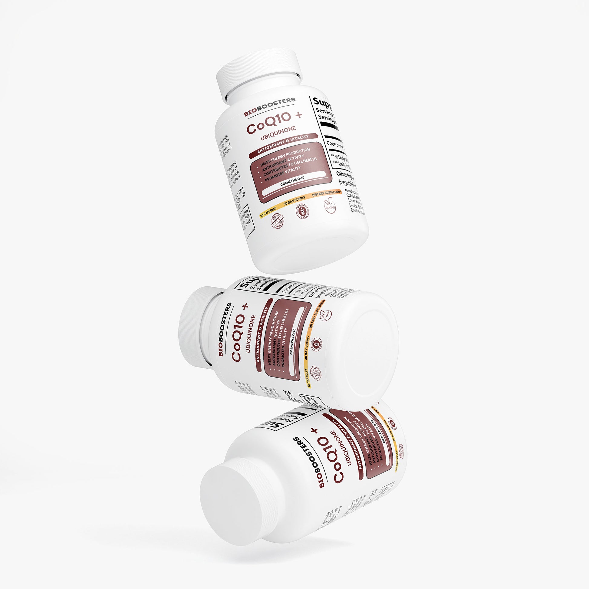 Three bottles of BioCeuticals CoQ10+ on a white background