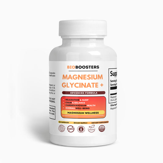 Bottle of BioBoosters Magnesium Glycinate+ supplement on a white background