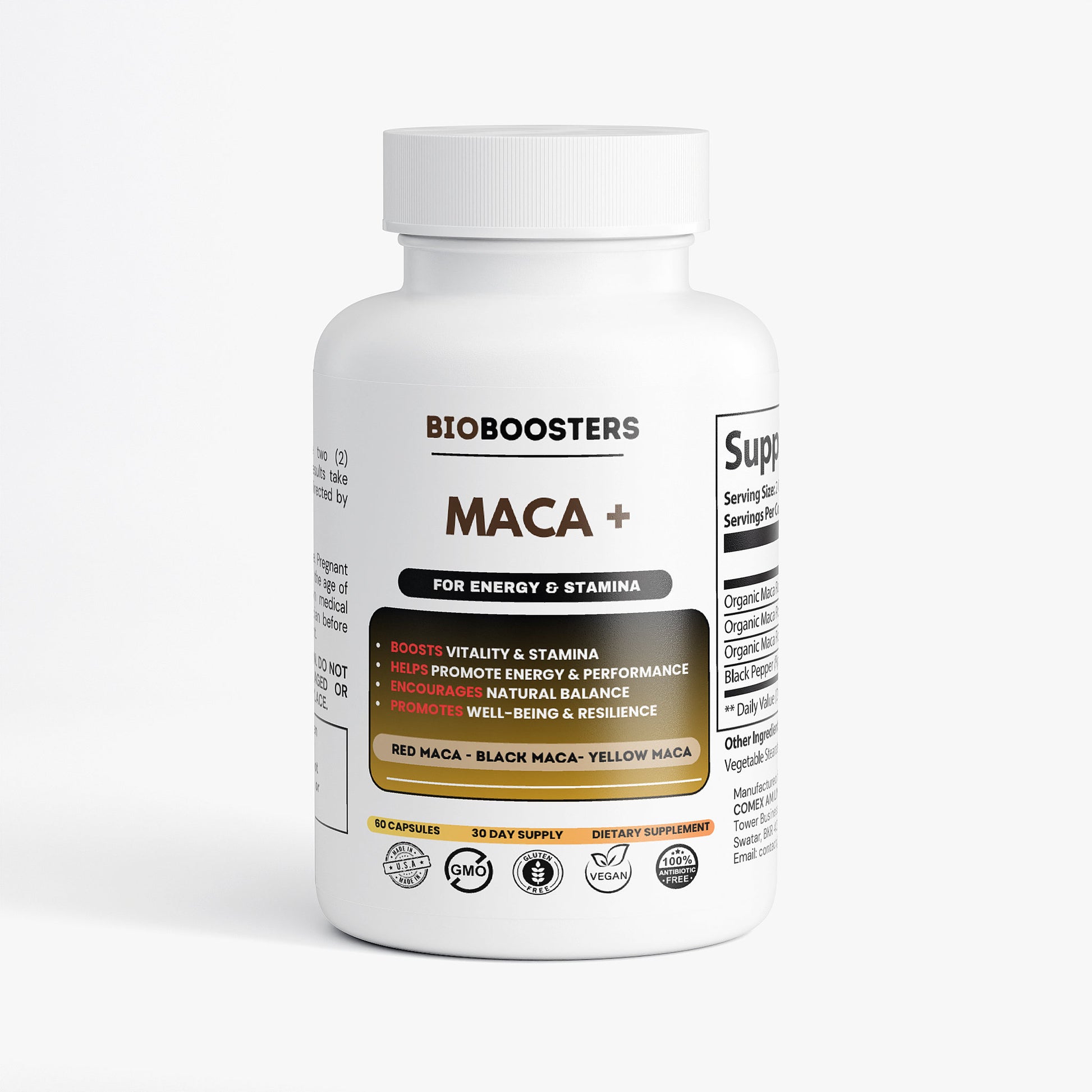 Supplement bottle labeled 'BioBoosters Maca+' on a white background