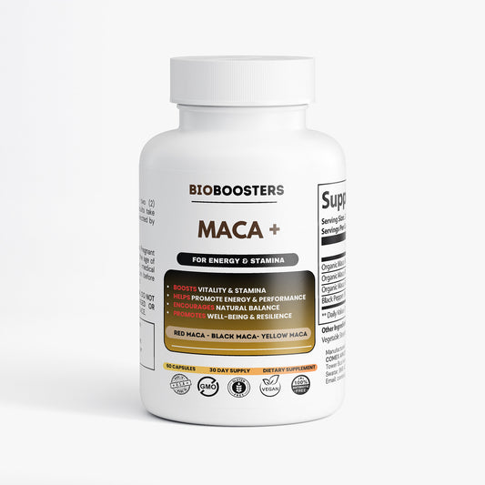 Supplement bottle labeled 'BioBoosters Maca+' on a white background