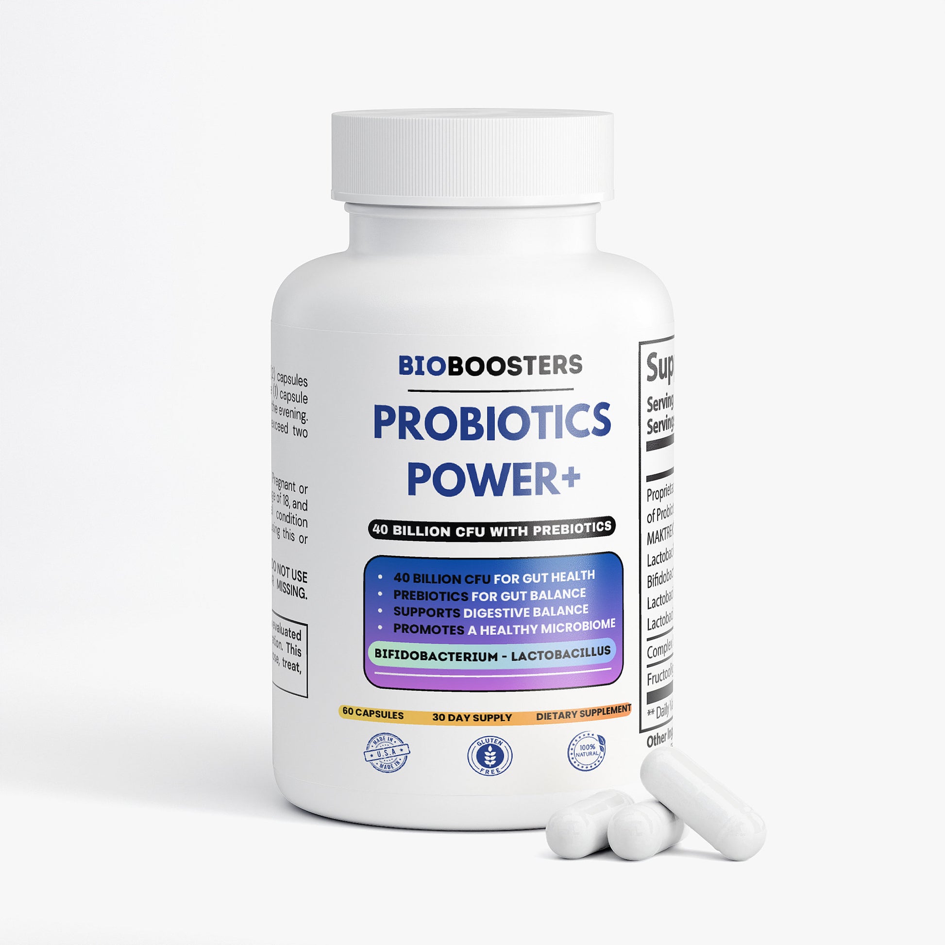 BioBoosters Probiotics Power+ supplement bottle with capsules on a white background