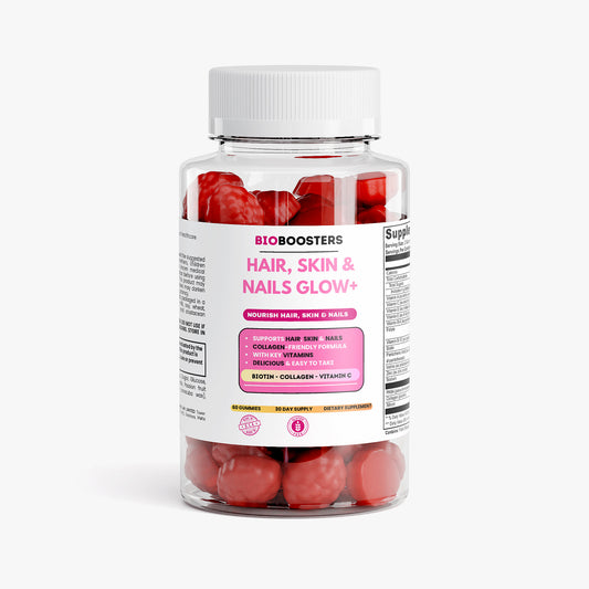 Bottle of Bioboosters hair, skin, and nails supplement with red gummy bears on a white background