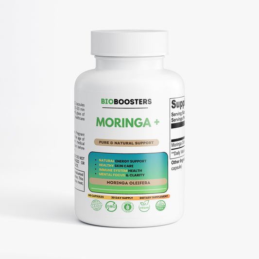 Bottle of BioBoosters Moringa supplement on a white background