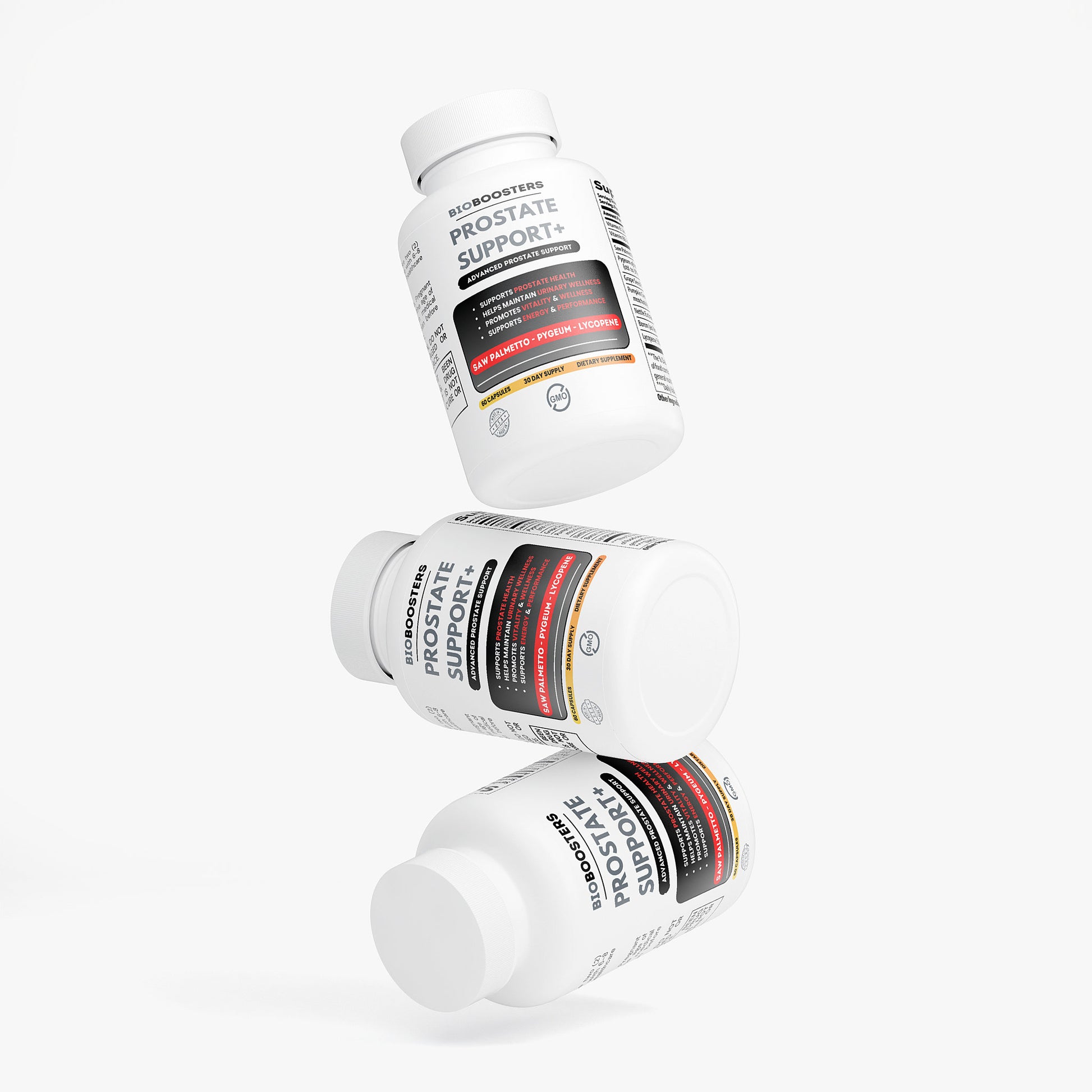 Three bottles of Prostate Support supplement on a white background