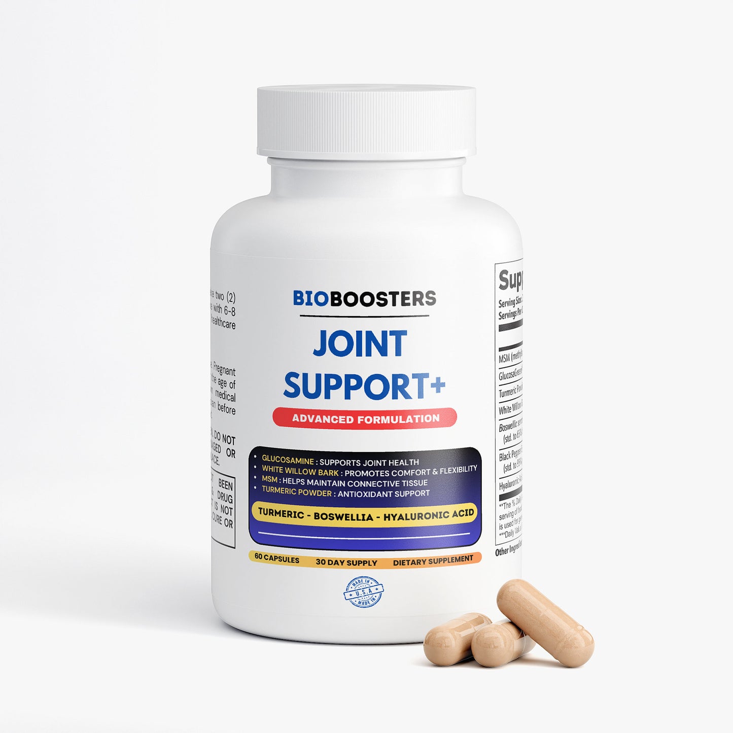 Bioboosters Joint Support supplement bottle with capsules on a white background