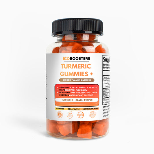 Bottle of Turmeric Gummies with a white label on a white background