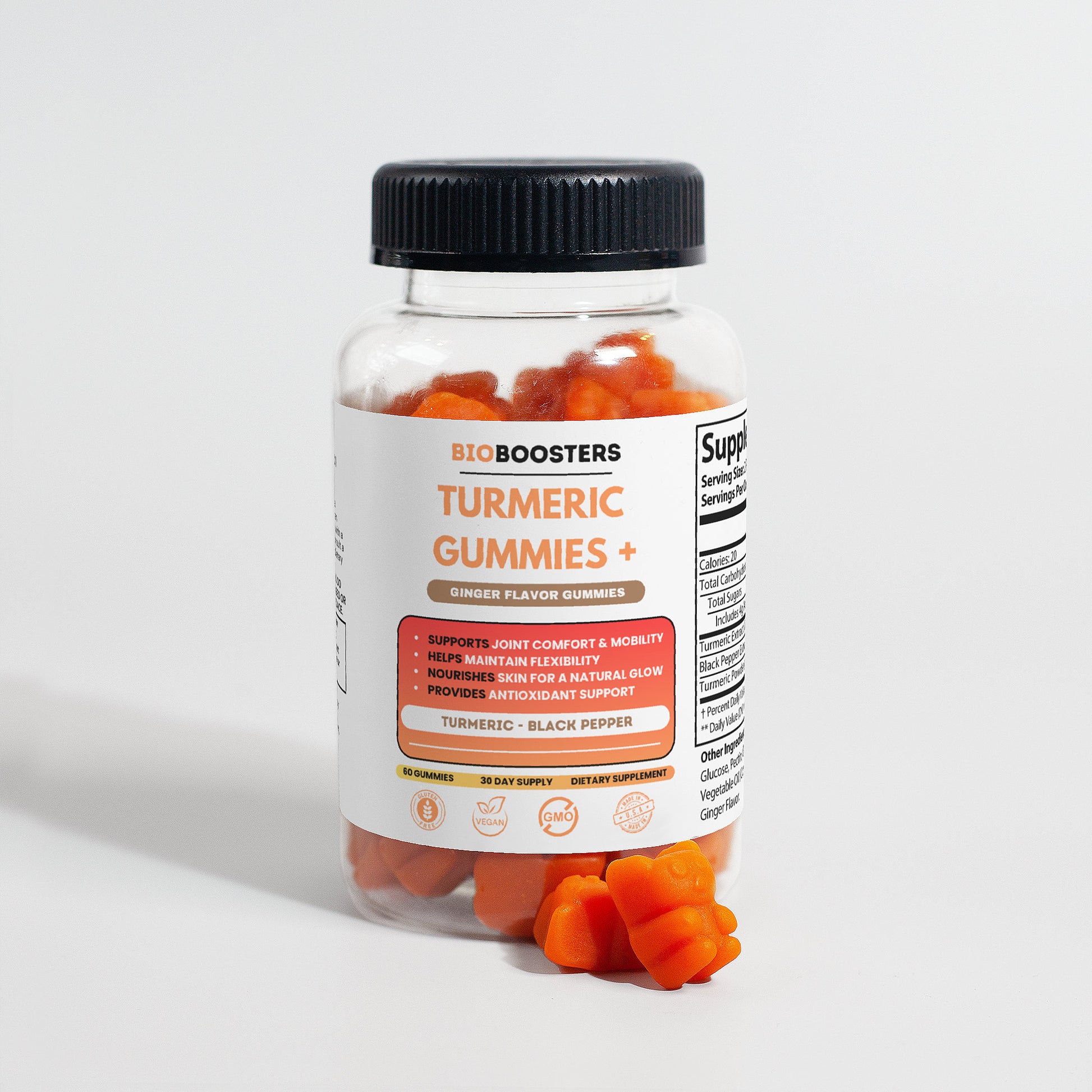Bottle of Big Boosters Turmeric Gummies on a light gray background