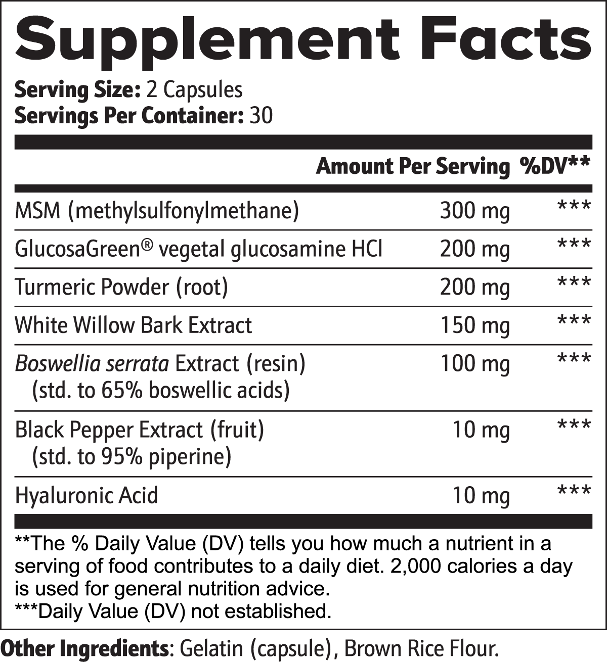 Supplement facts label with various ingredients and their amounts per serving.