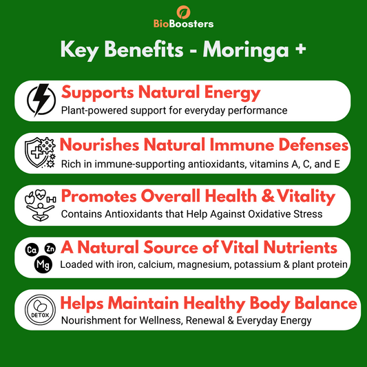 Key benefits of Moringa + by BioBoosters on a green background