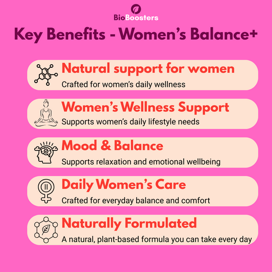 Key benefits of a women's health supplement on a pink background with BioBoosters branding.