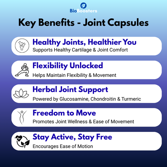 Key benefits of joint capsules with BioBoosters logo on a blue gradient background